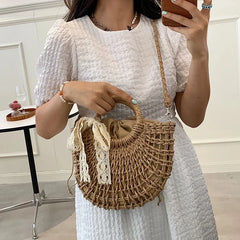 Boho Straw Beach Tote Hand-Woven Shoulder Bag