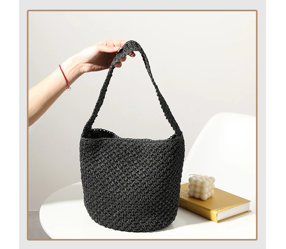 Hand-Woven Straw Bucket Bag Seaside Beach Vacation