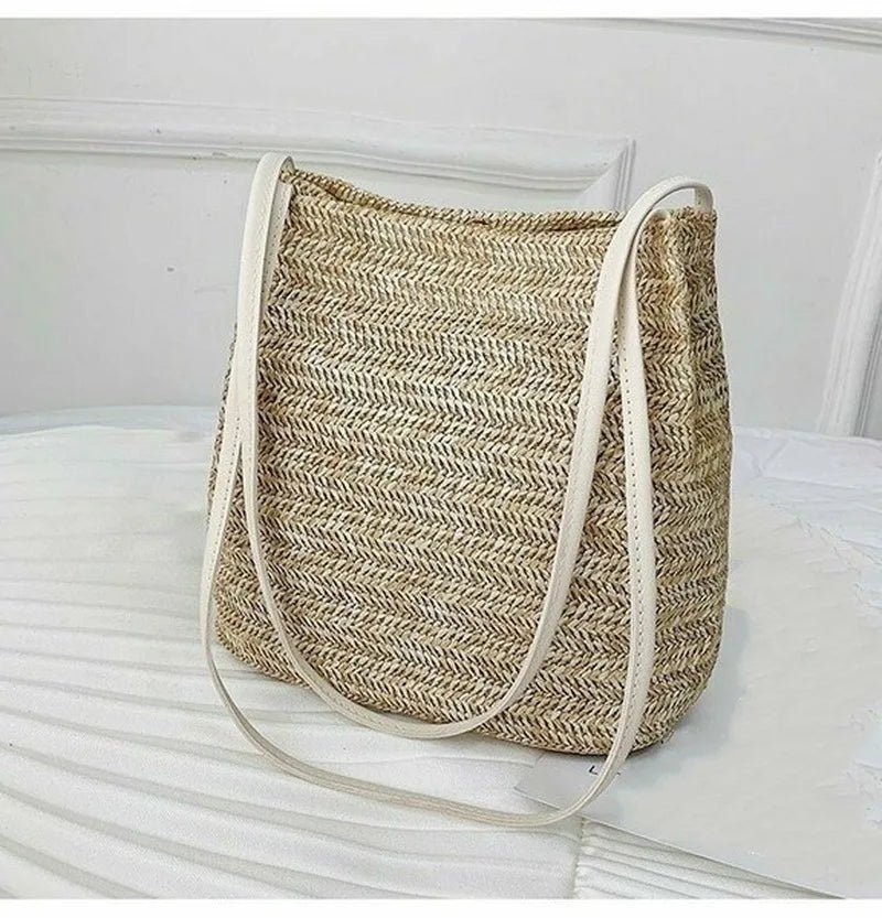 Boho Woven Straw Bucket Bag Beach Messenger One-shoulder Casual Bag