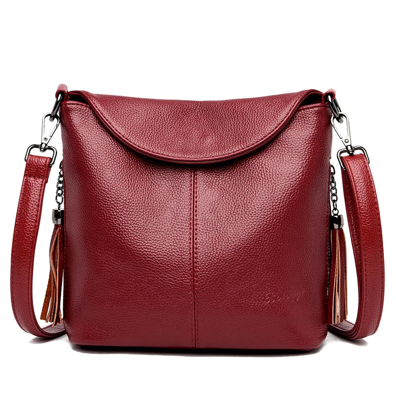 Tassel Bucket Bag Soft Leather Crossbody Bag for Women