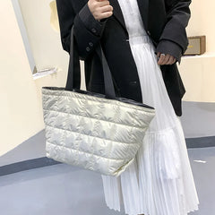 Winter Women Down Feather Padded Shoulder Bag High Capacity Shopper Bag