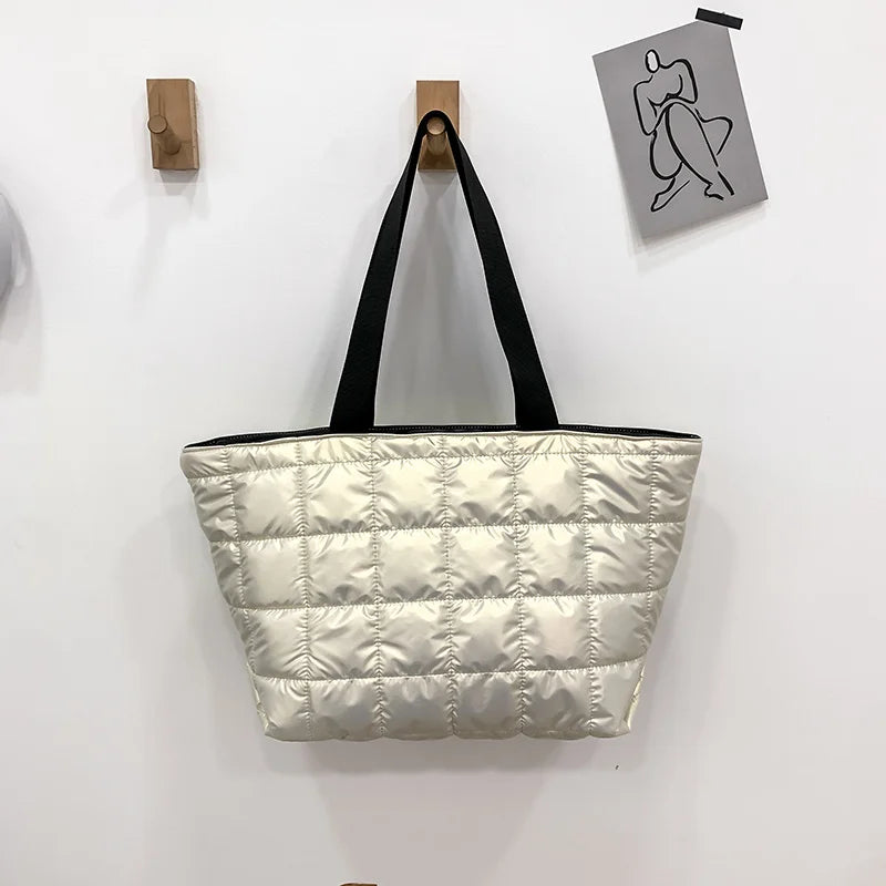 Winter Women Down Feather Padded Shoulder Bag High Capacity Shopper Bag