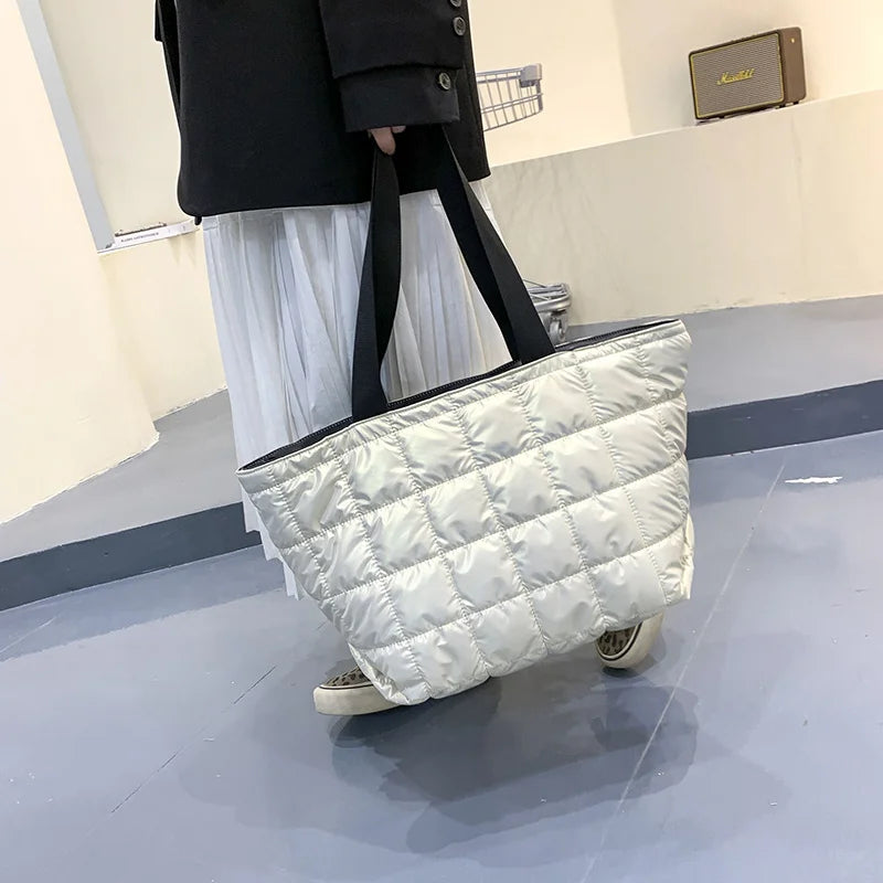 Winter Women Down Feather Padded Shoulder Bag High Capacity Shopper Bag
