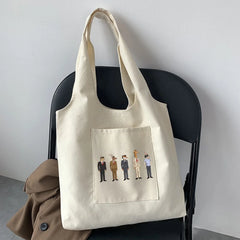 Cartoon Pattern Print Beige Canvas Tote Bag