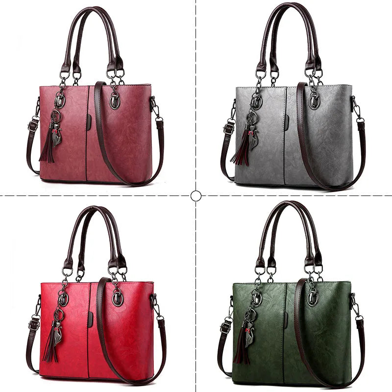 Women Leather Tassel Crossbody Shoulder Bag Solid Color