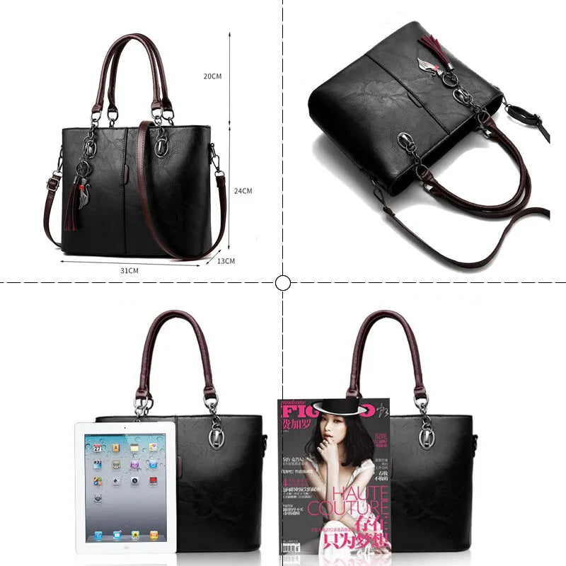 Women Leather Tassel Crossbody Shoulder Bag Solid Color
