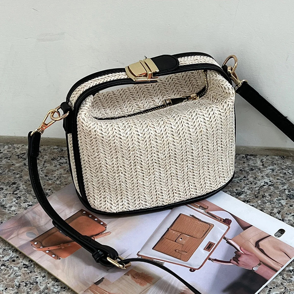 Straw Bucket Crossbody Bag Handbag for Women