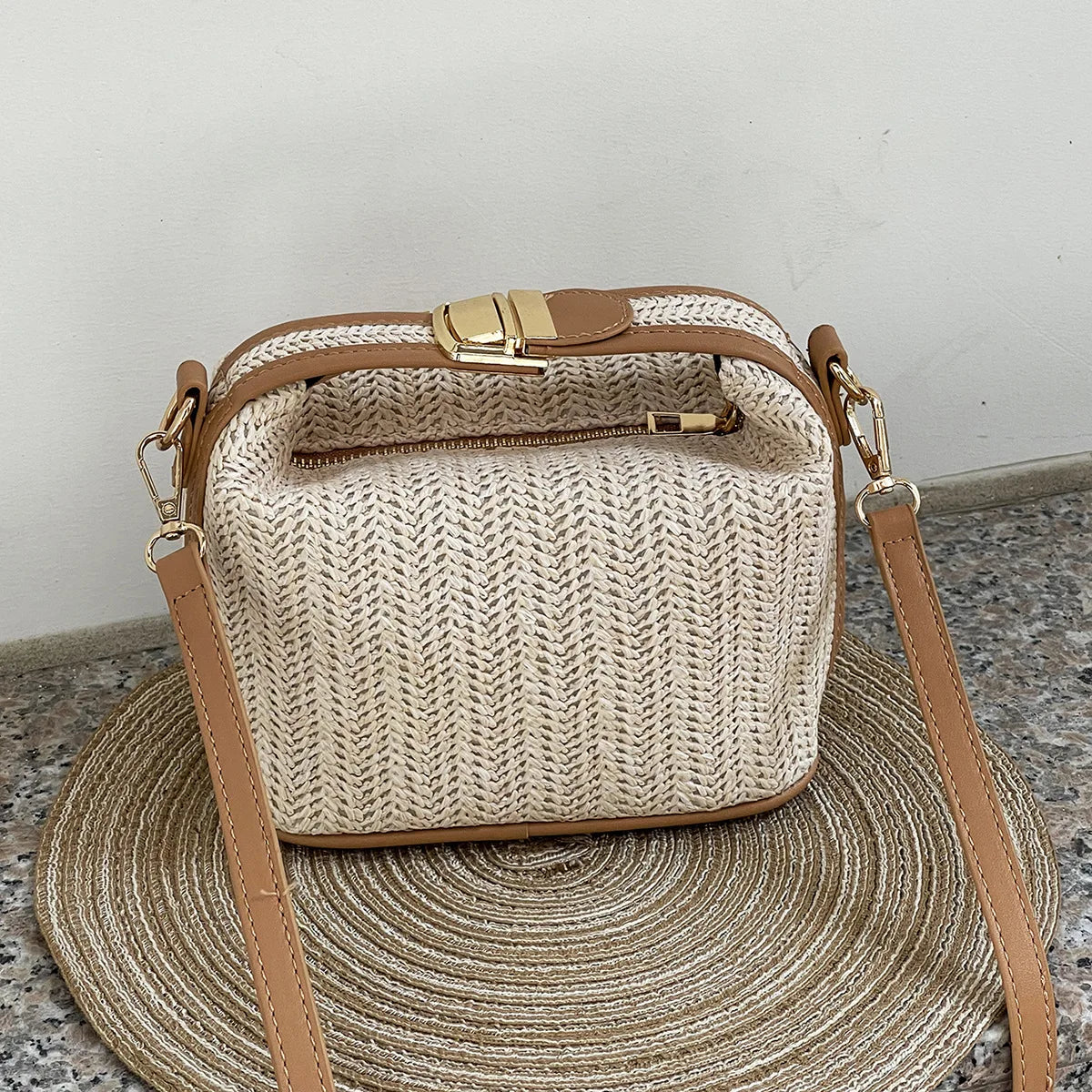 Straw Bucket Crossbody Bag Handbag for Women