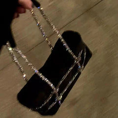 Women's Winter Faux Fur Tote Bag with Rhinestones