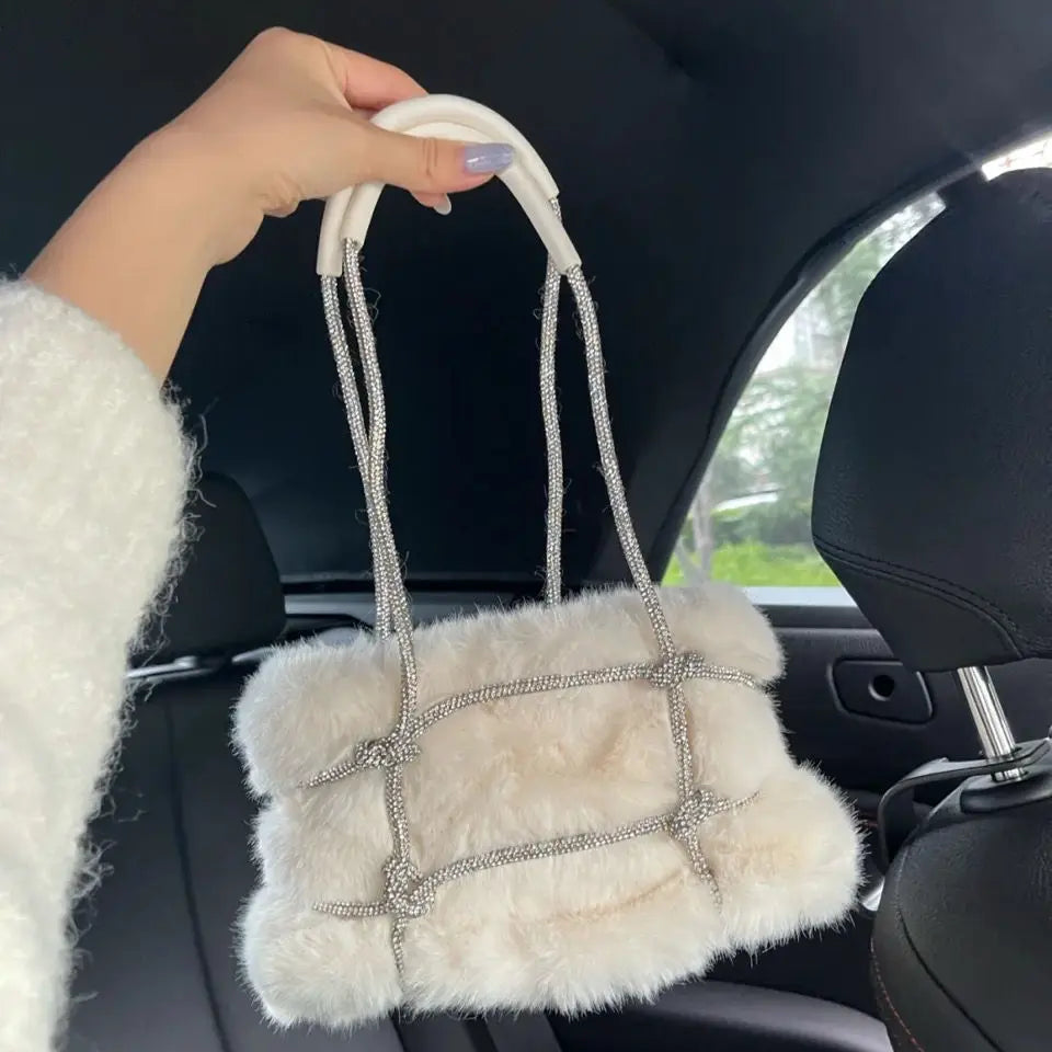 Women's Winter Faux Fur Tote Bag with Rhinestones