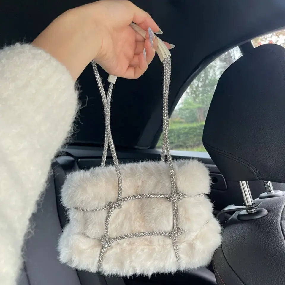 Women's Winter Faux Fur Tote Bag with Rhinestones