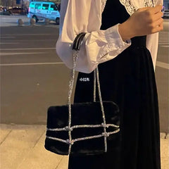 Women's Winter Faux Fur Tote Bag with Rhinestones