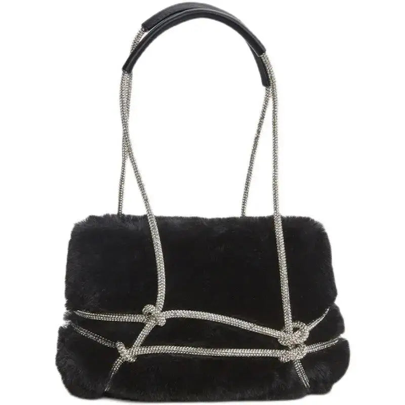 Women's Winter Faux Fur Tote Bag with Rhinestones