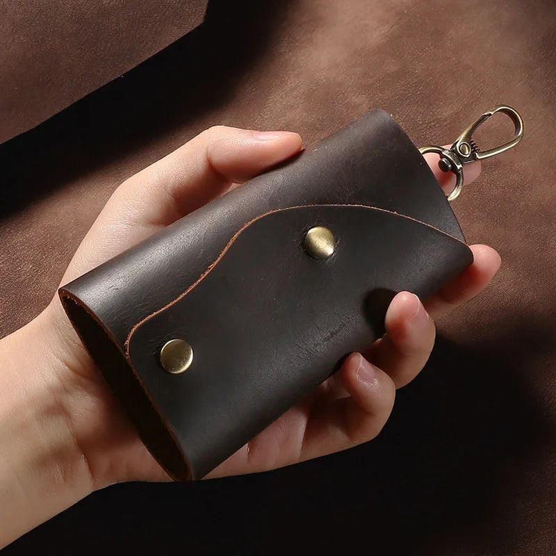 Crazy Horse Cow Leather Vintage Key Bag Literature Waist Hanging Head