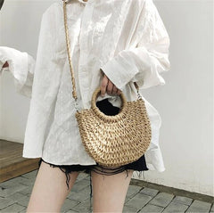 Half-Round Rattan Woven Straw Bag Women Messenger Crossbody Beach Handbag