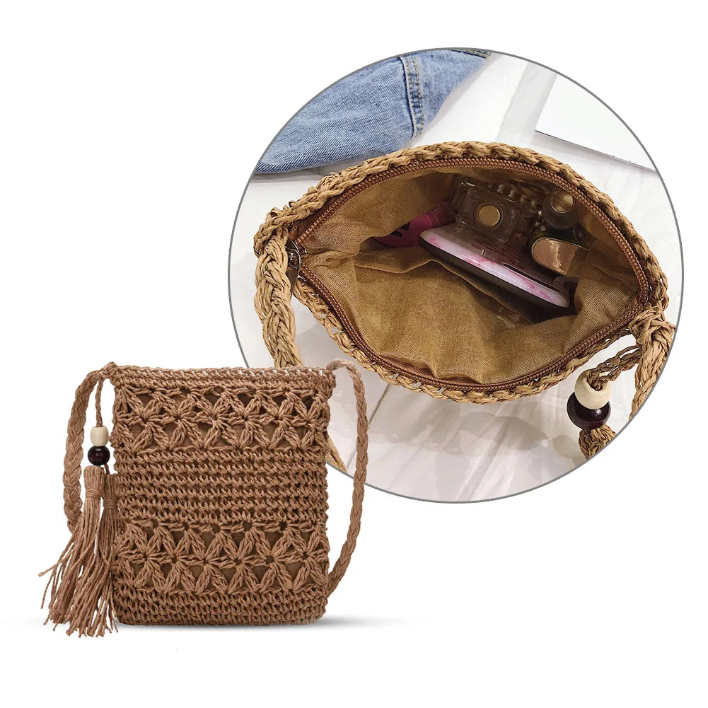 Paper Woven Crossbody Bags Women Casual Summer Beach Vintage Square Bags