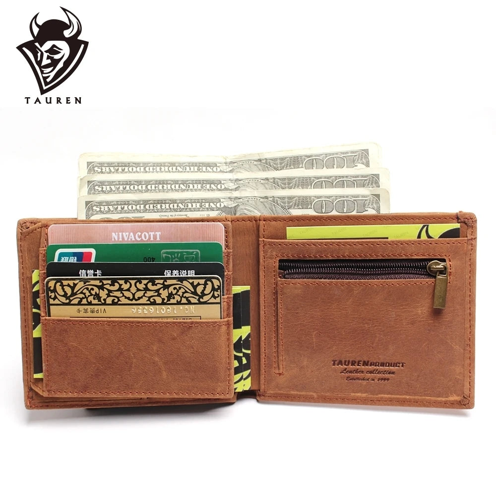Vintage Crazy Horse Leather Wallet Men Purse Clutch Bag Male Money Clips