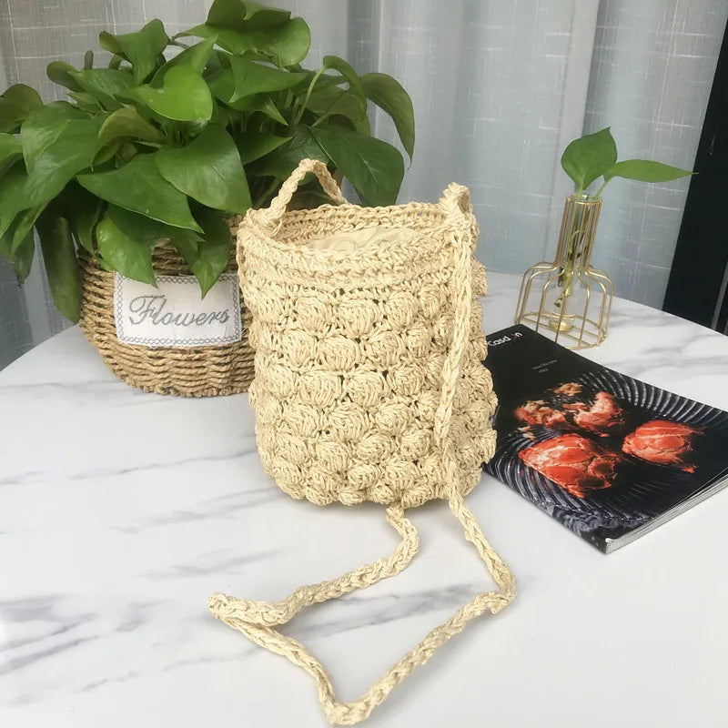 Summer Beach Straw Bag Rattan Weave Bucket Shoulder Crossbody Bohemian Tote