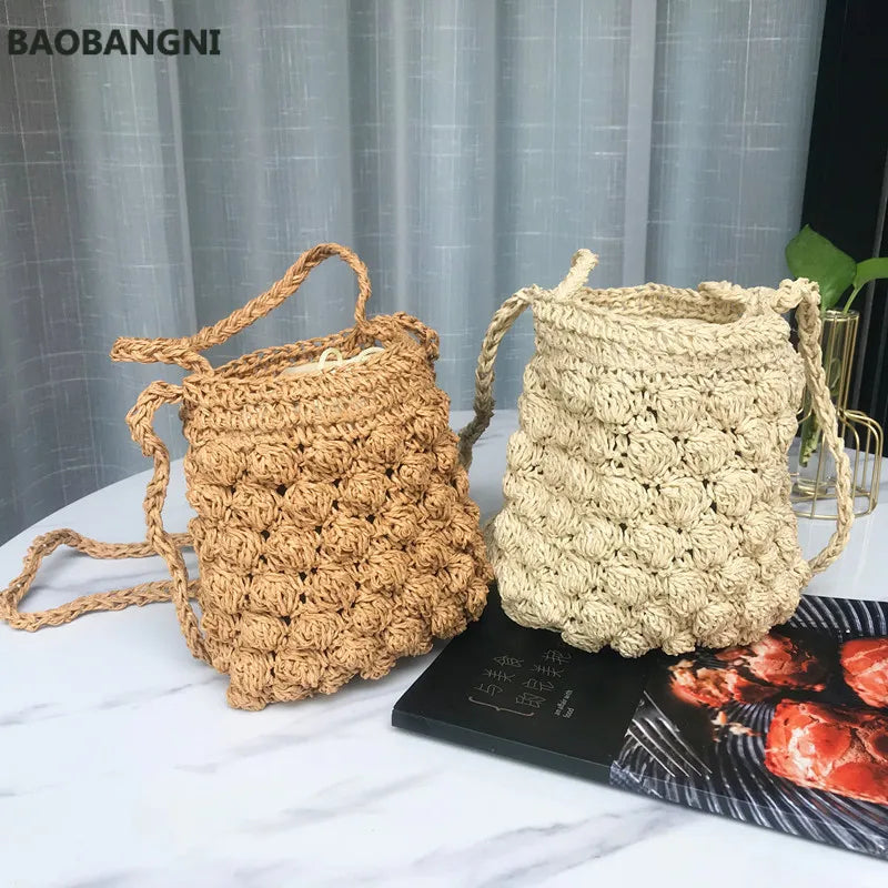 Summer Beach Straw Bag Rattan Weave Bucket Shoulder Crossbody Bohemian Tote
