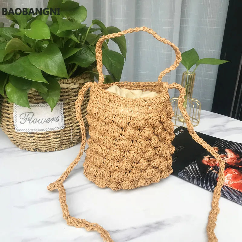 Summer Beach Straw Bag Rattan Weave Bucket Shoulder Crossbody Bohemian Tote