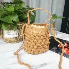 Summer Beach Straw Bag Rattan Weave Bucket Shoulder Crossbody Bohemian Tote