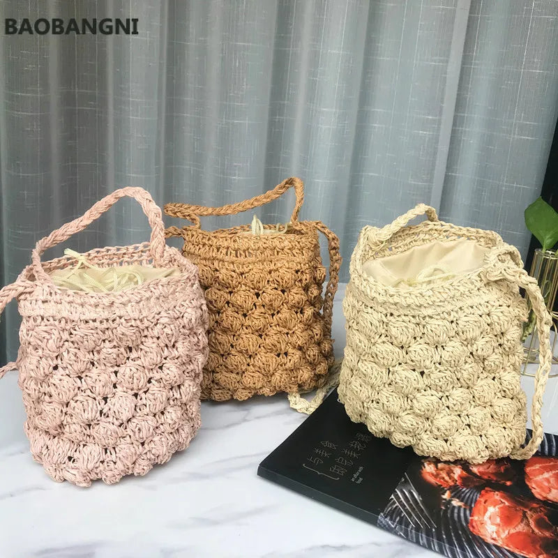 Summer Beach Straw Bag Rattan Weave Bucket Shoulder Crossbody Bohemian Tote