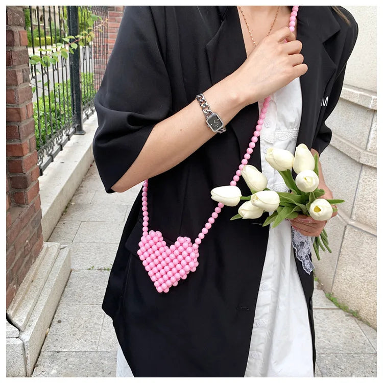 Women Pearl Beaded Shoulder Bag Mini Lipstick Crossbody Evening Clutch