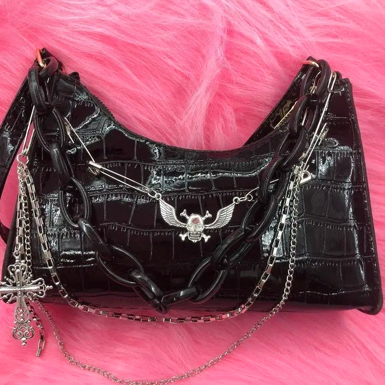 Dark Punk Female Shoulder Bag Crocodile Pattern Y2K Girls Chain Handbag
