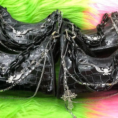 Dark Punk Female Shoulder Bag Crocodile Pattern Y2K Girls Chain Handbag