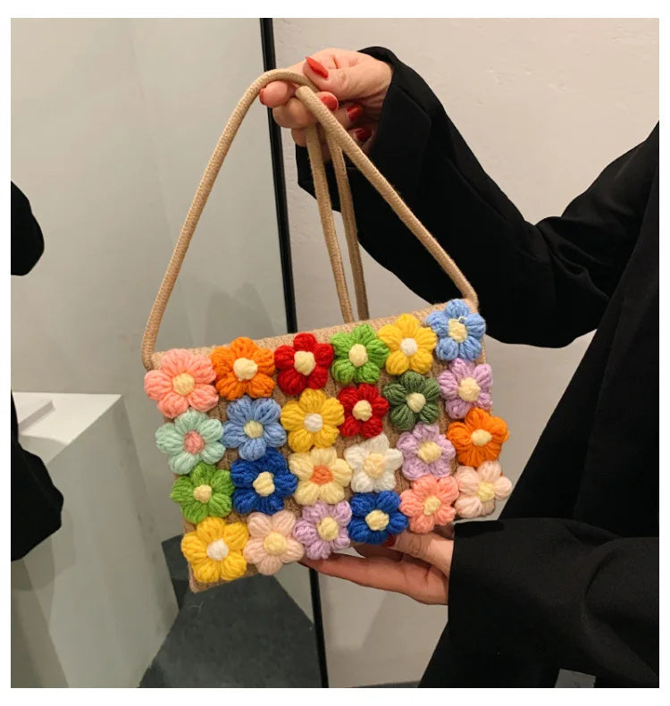 Woolen Woven Bag Flowers Crossbody Handbag Autumn Knitting Bag