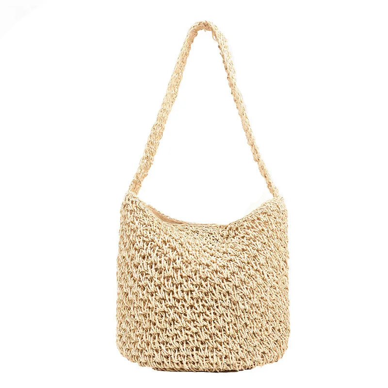 Straw Shoulder Bags Large Capacity Female Bucket Beach Handbags
