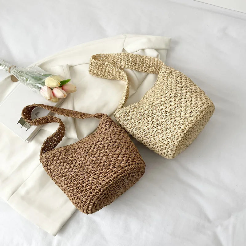 Straw Shoulder Bags Large Capacity Female Bucket Beach Handbags