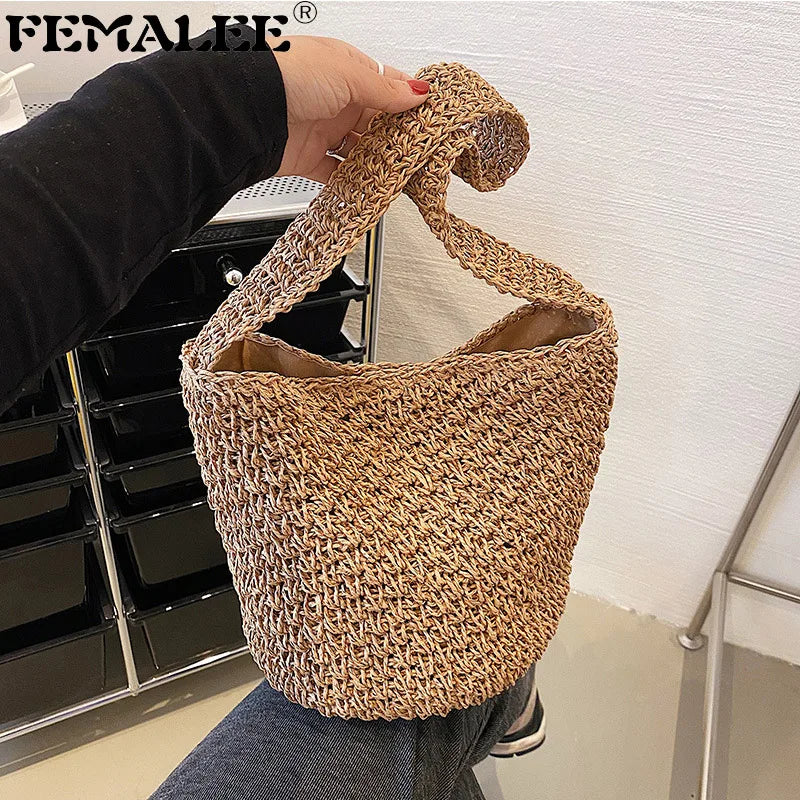 Straw Shoulder Bags Large Capacity Female Bucket Beach Handbags