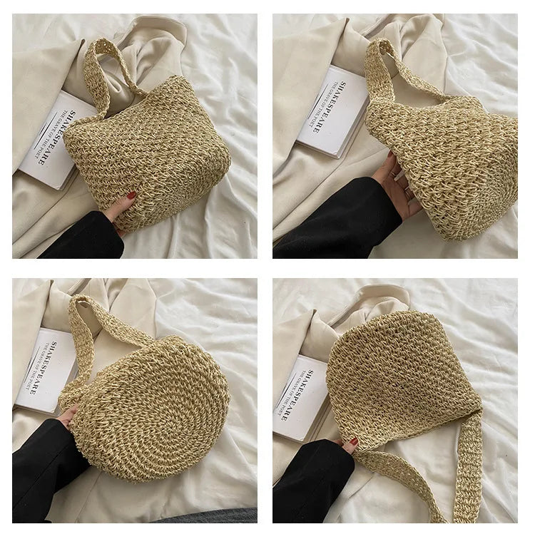 Straw Shoulder Bags Large Capacity Female Bucket Beach Handbags