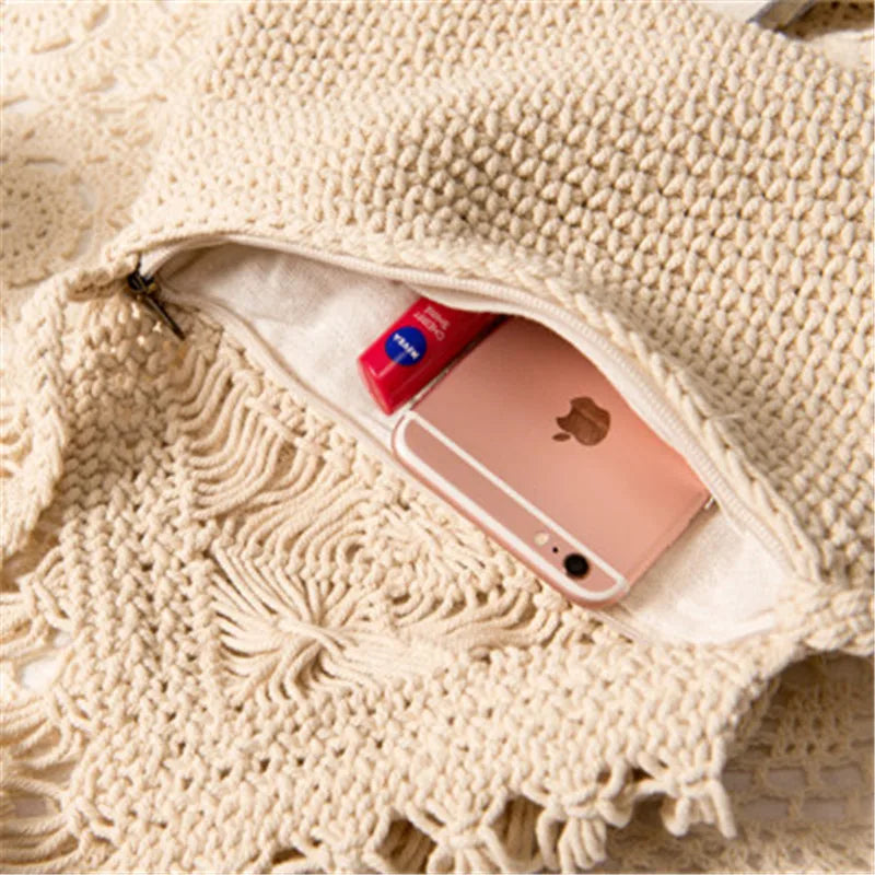 Vintage Straw Beach Bag with Tassel Knitted Design