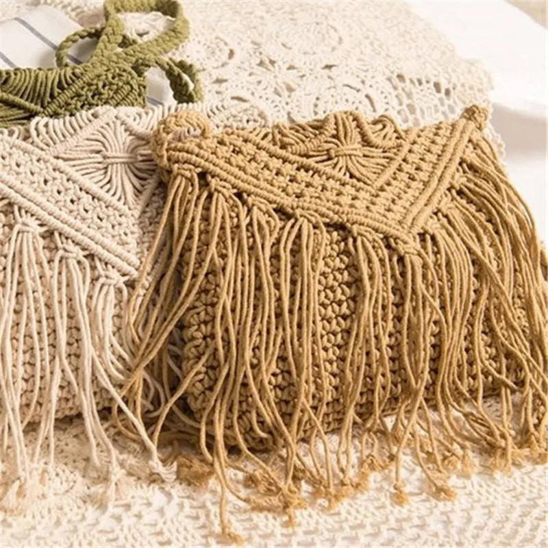Vintage Straw Beach Bag with Tassel Knitted Design