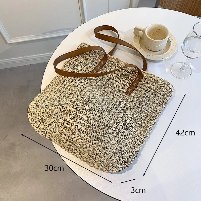Large Straw Beach Bag Shoulder Tote Women Raffia Travel Handbag