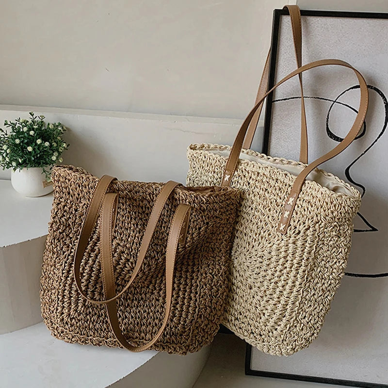 Large Straw Beach Bag Shoulder Tote Women Raffia Travel Handbag