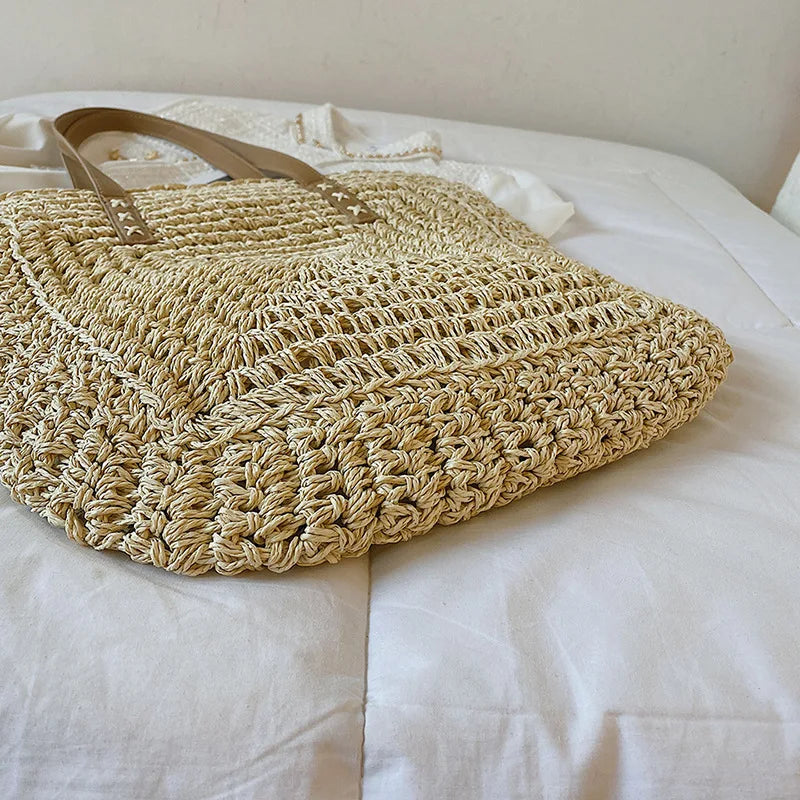 Large Straw Beach Bag Shoulder Tote Women Raffia Travel Handbag