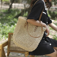 Large Straw Beach Bag Shoulder Tote Women Raffia Travel Handbag