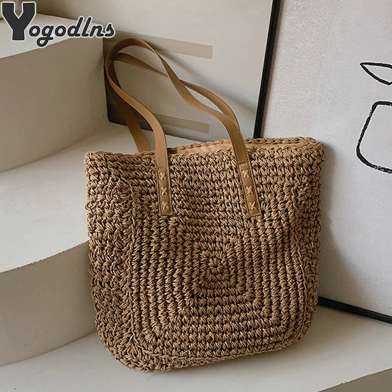 Large Straw Beach Bag Shoulder Tote Women Raffia Travel Handbag