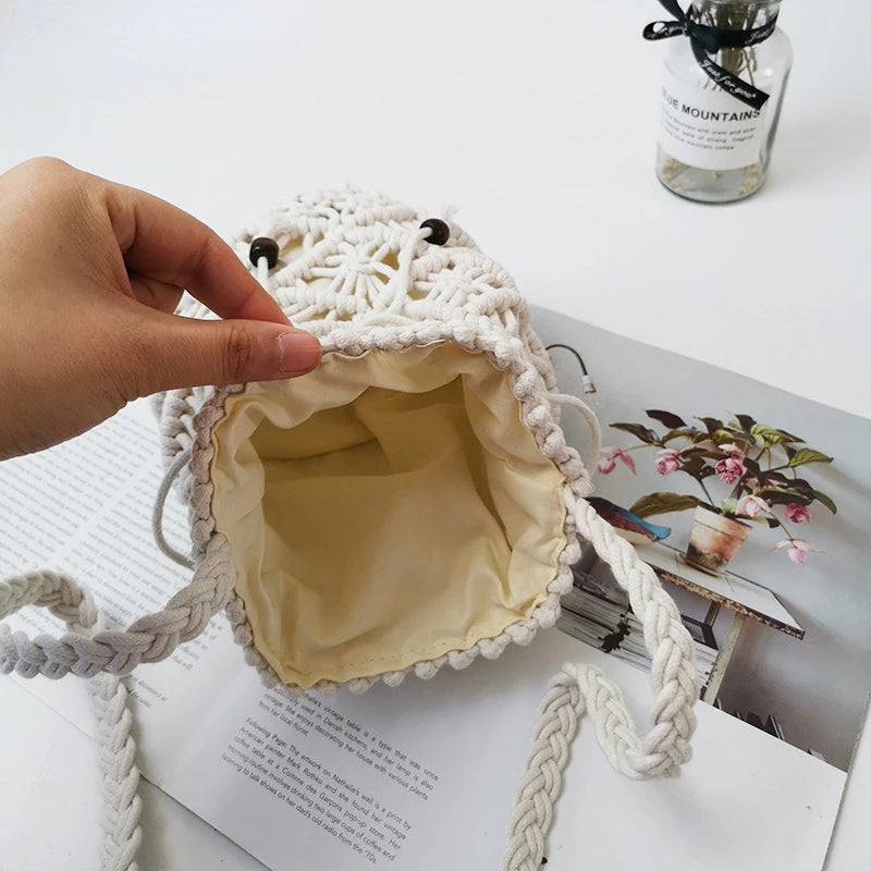 Handcrafted Straw Cotton Rope Bucket Bag Hollow Mesh Summer Beach Handbag