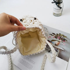 Handcrafted Straw Cotton Rope Bucket Bag Hollow Mesh Summer Beach Handbag