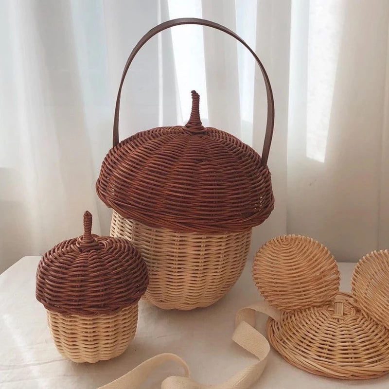 Rattan Mushroom Basket Women's Bag Straw Handbag Beach Shoulder Crossbody