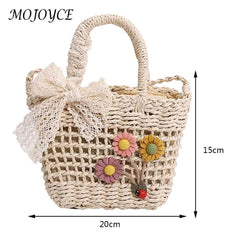 Handwoven Crossbody Bag Rattan Flower with Lace Bow for Ladies Shopping