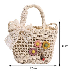 Handwoven Rattan Flower Shoulder Bag with Lace Bow for Women