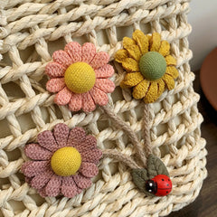 Handwoven Rattan Flower Shoulder Bag with Lace Bow for Women