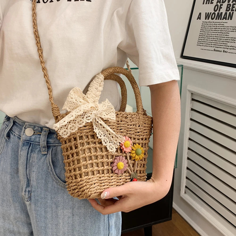 Handwoven Rattan Flower Shoulder Bag with Lace Bow for Women