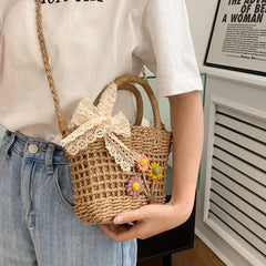 Handwoven Rattan Flower Shoulder Bag with Lace Bow for Women