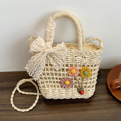 Handwoven Rattan Flower Shoulder Bag with Lace Bow for Women